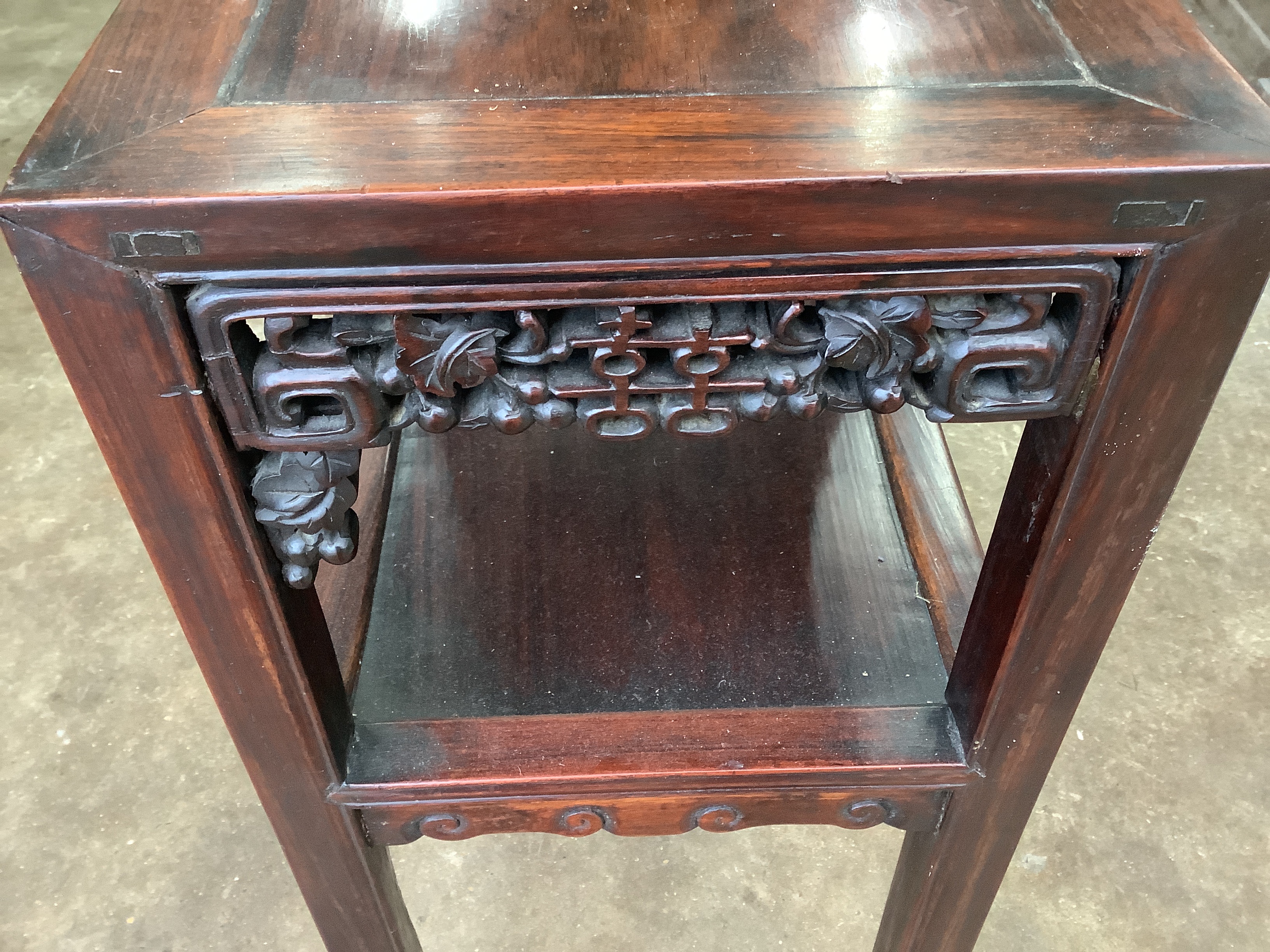 A Chinese rectangular hardwood two tier vase stand, width 41cm, depth 34cm, height 80cm